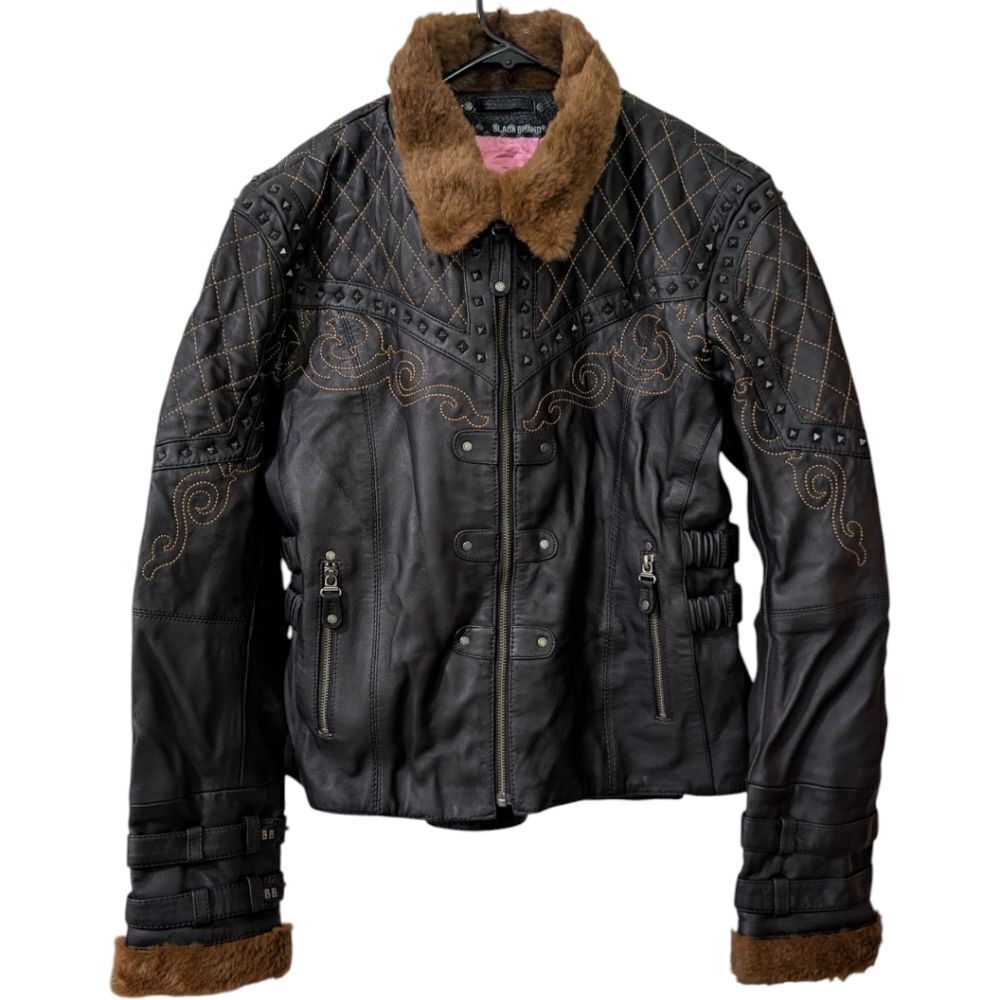 Black Brand Women's XL Sheared Beaver Sheep Leather Studded Jacket Fux Fur Trim
